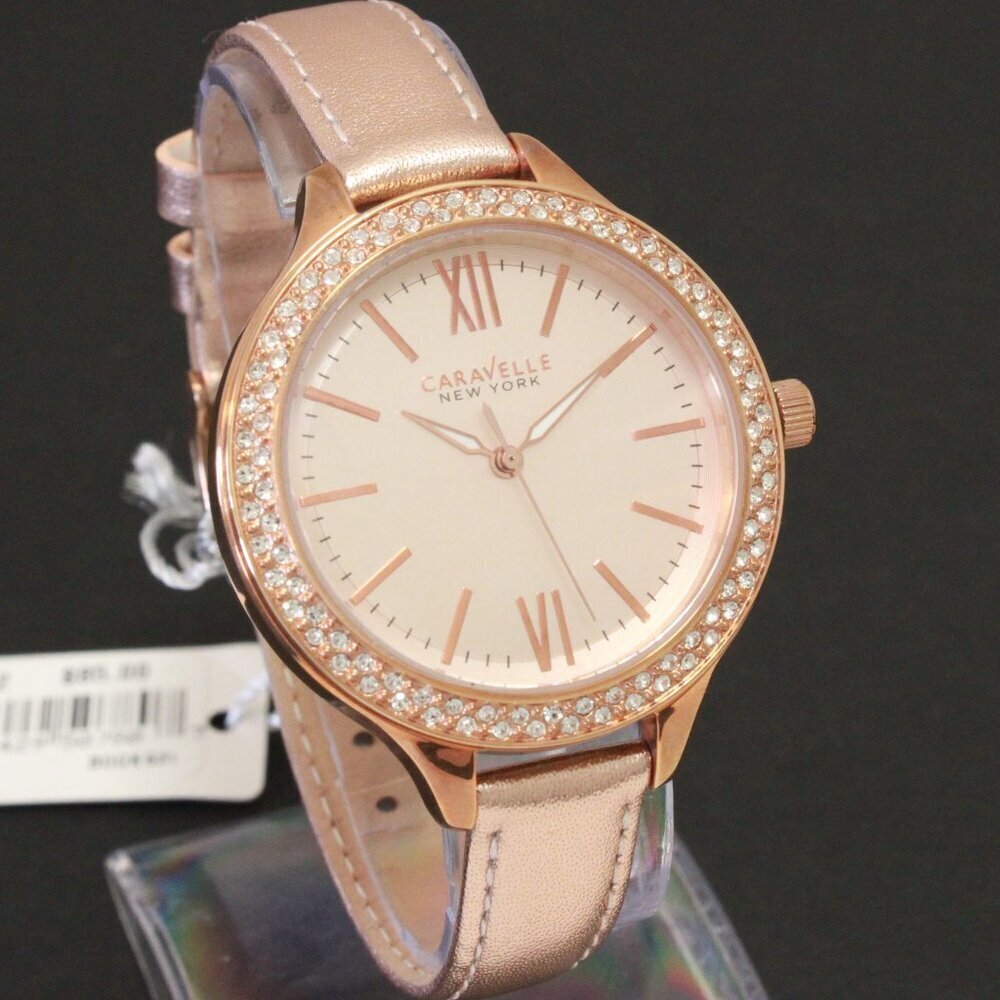 Caravelle Ladies Dress Watch By Bulova Crystal Bezel Dial Rose Gold Tones 38mm - Picture 2 of 12